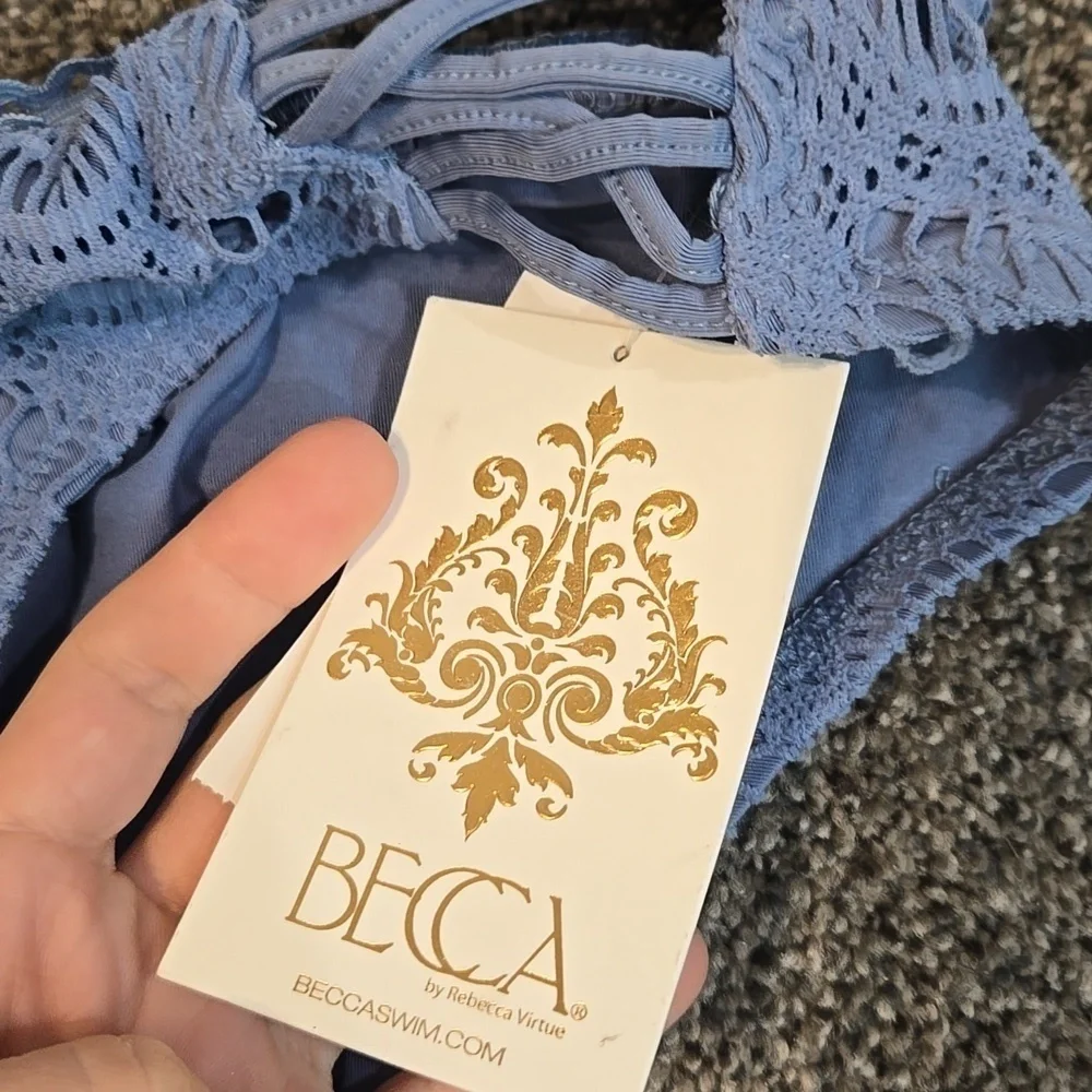 NWT Becca Elegant Lace Women's Swim Lace Panties - Blue Sz L